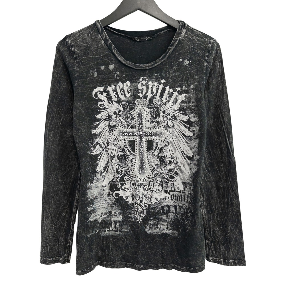 Urban X Y2K Grunge Long Sleeve Shirt Womens XL Black Rhinestone Cross Gothic